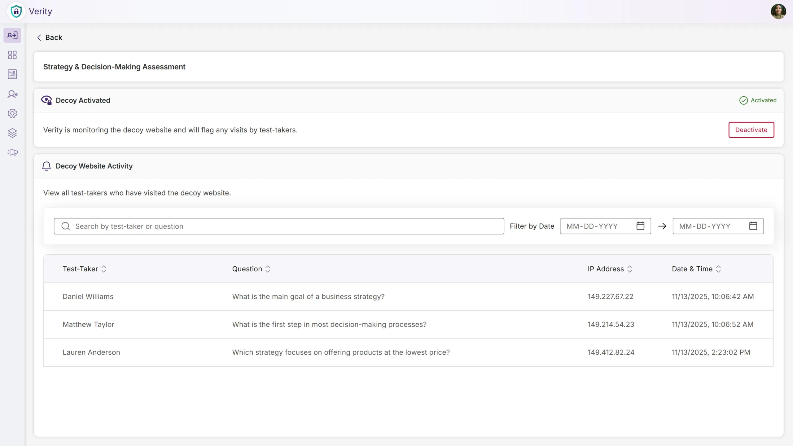 Decoy Websites screen