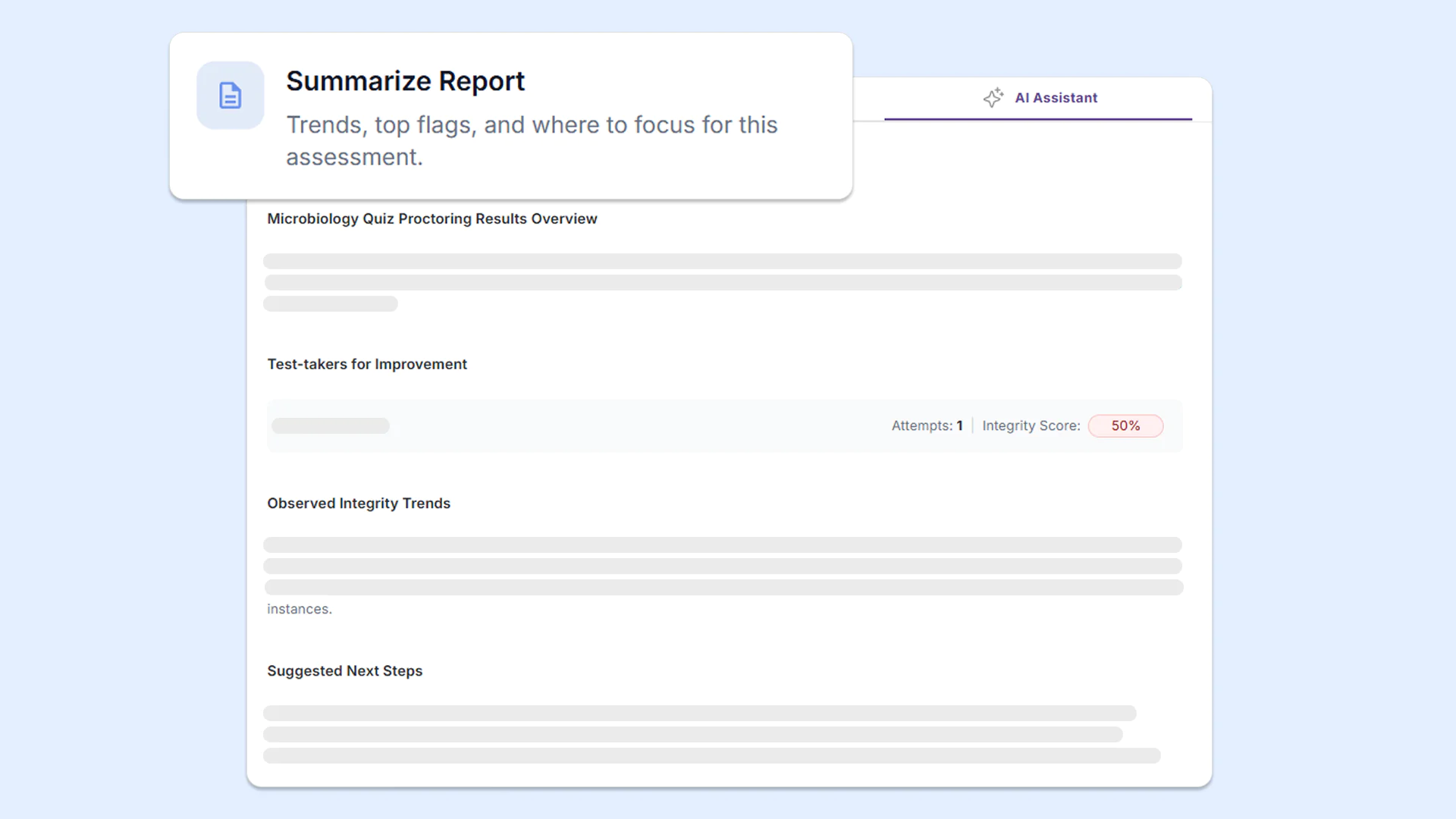 Summarize Report: Provides a summary of the assessment session, identifying trends, top flags, and risks to help instructors investigate issues.