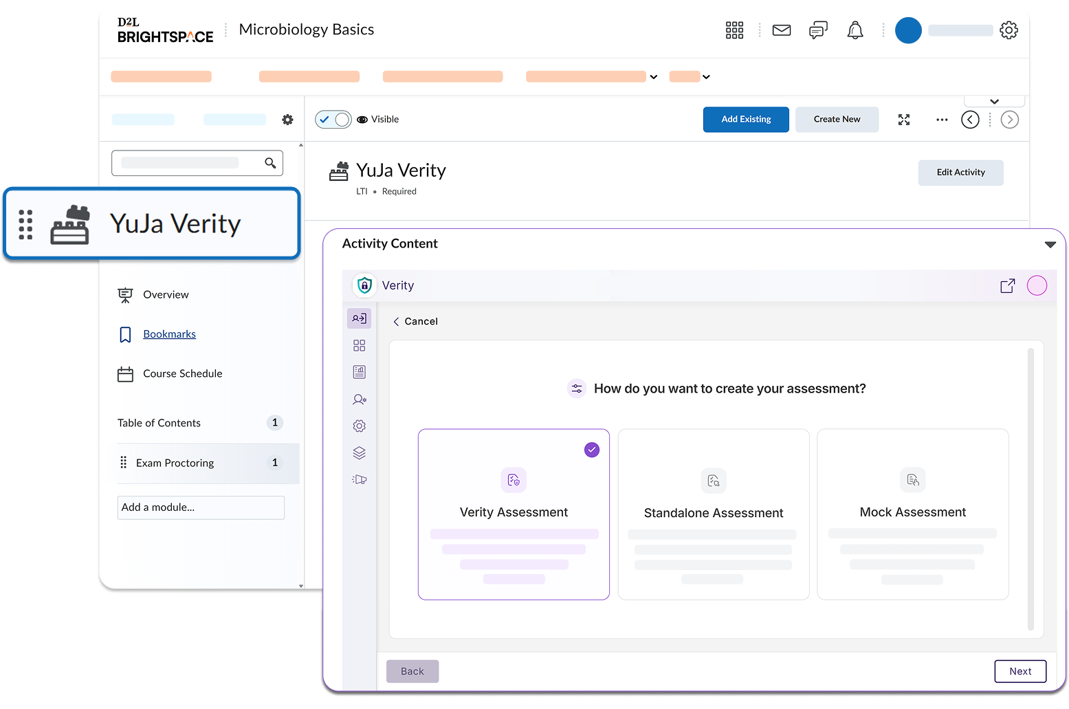 YuJa Verity interface in the D2L New Learner UI experience.
