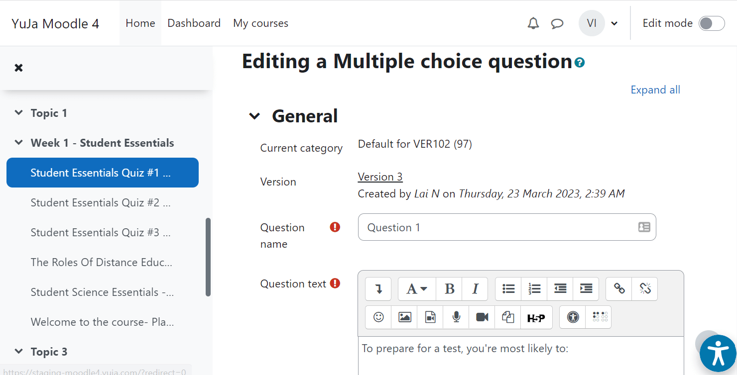 Screenshot of the YuJa Verity Quiz Creation screen in Moodle