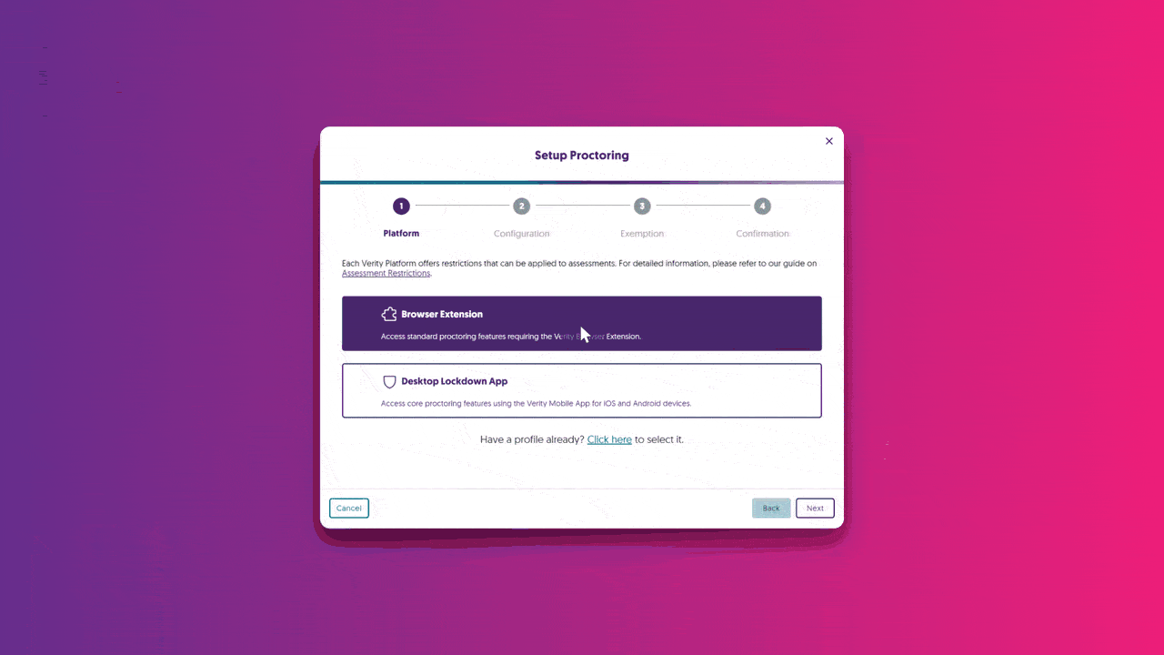 Verity's new wizard shows various steps in creating an assessment.