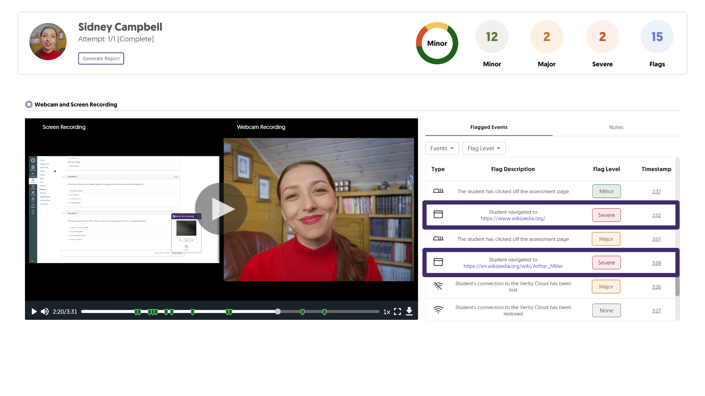 The proctor review screen showing websites students navigated to during a test.