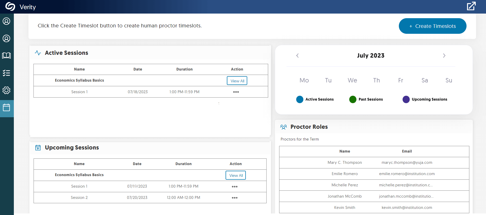 YuJa Verity Live Proctoring Dashboard with active and upcoming sessions shown on screen.