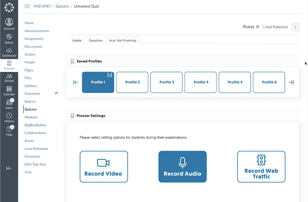 A screenshot of setting up a quiz with YuJa Verity from the Test Proctoring tab in Canvas.