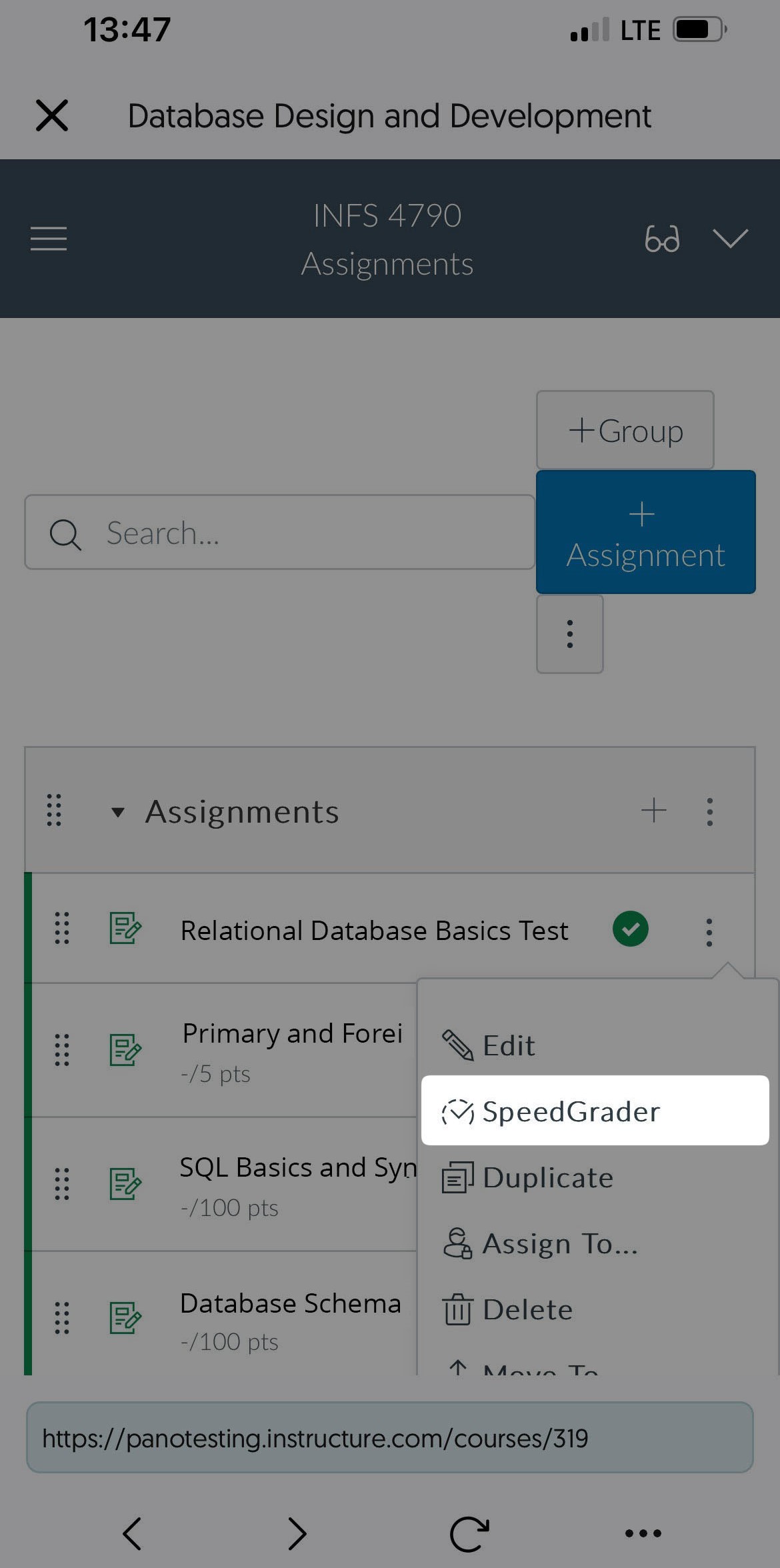 An image highlighting the speed grader inside a course page in Canvas.