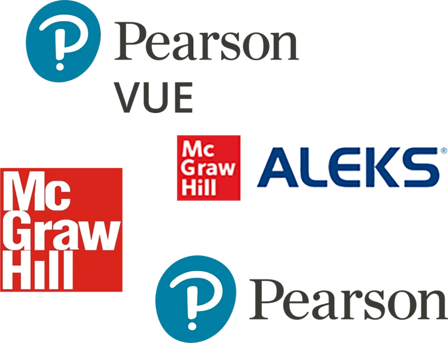 A screen shot of logos for third-party testing platforms, such as Pearson, Pearson-Vue, McGraw Hill, MyMathLab, ALEKS.