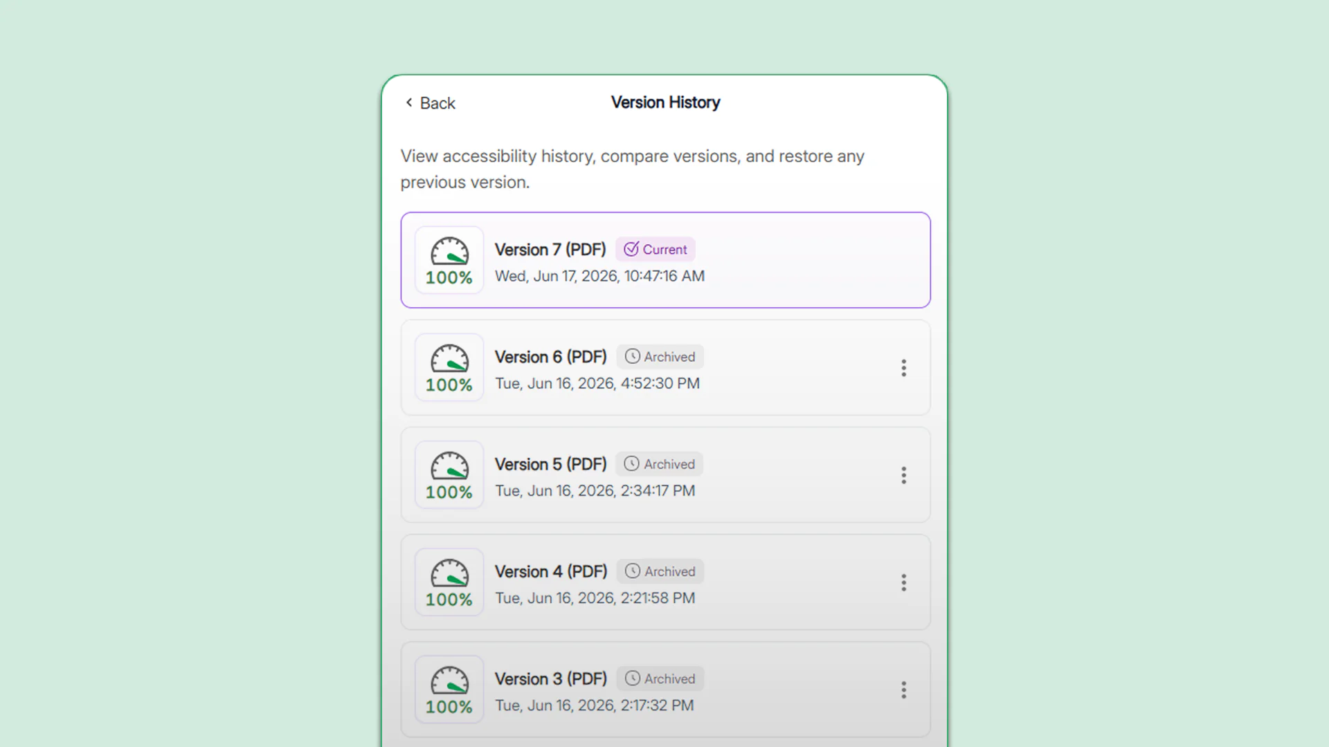 Screenshot of a version history panel showing multiple PDF document versions with accessibility scores and timestamps. Each version is labeled with a number, status (current or archived), and date/time.