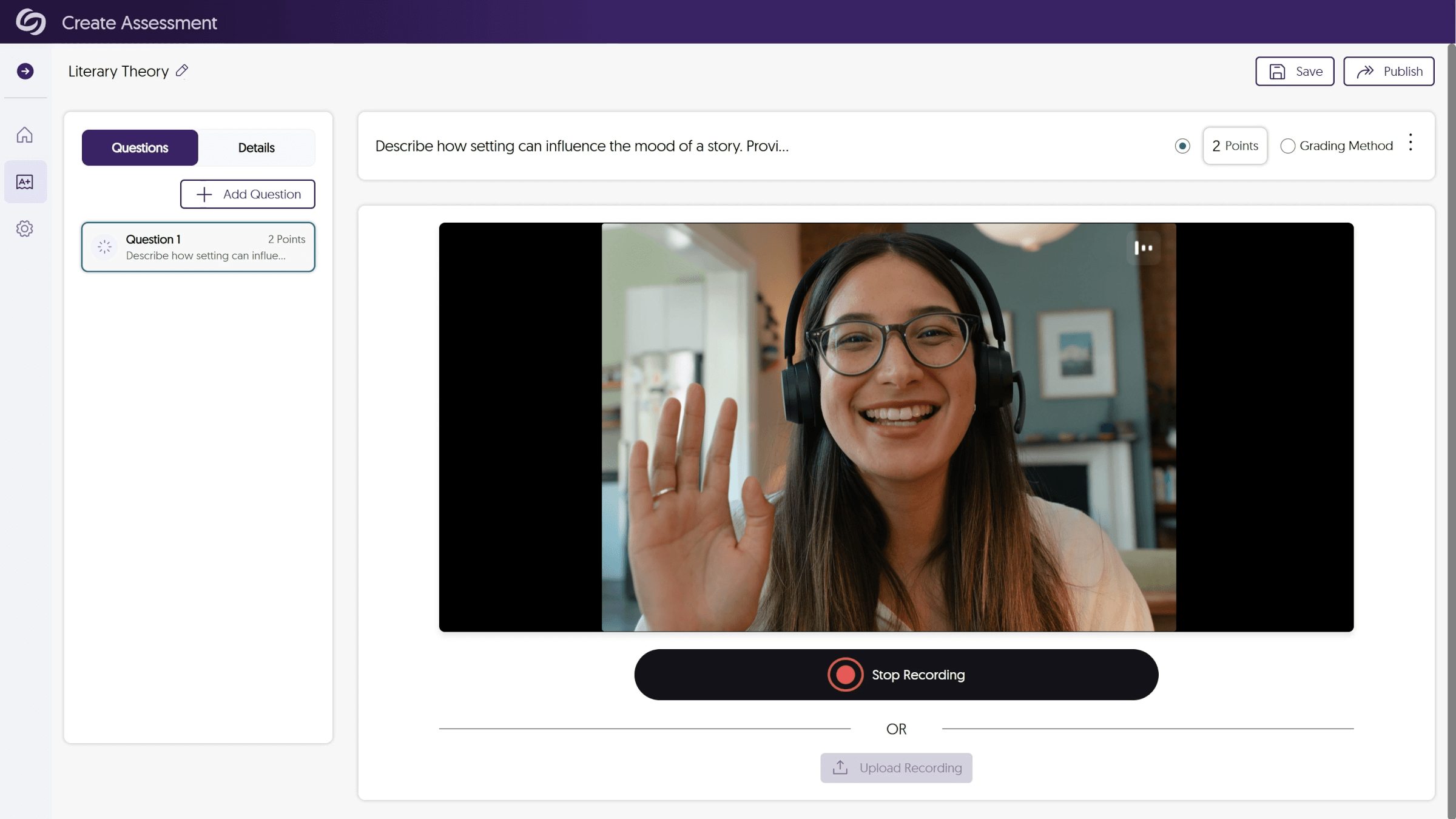 The Create Assessment page in YuJa FeedbackFlow Assessment Platform, featuring a young teacher recording her question.