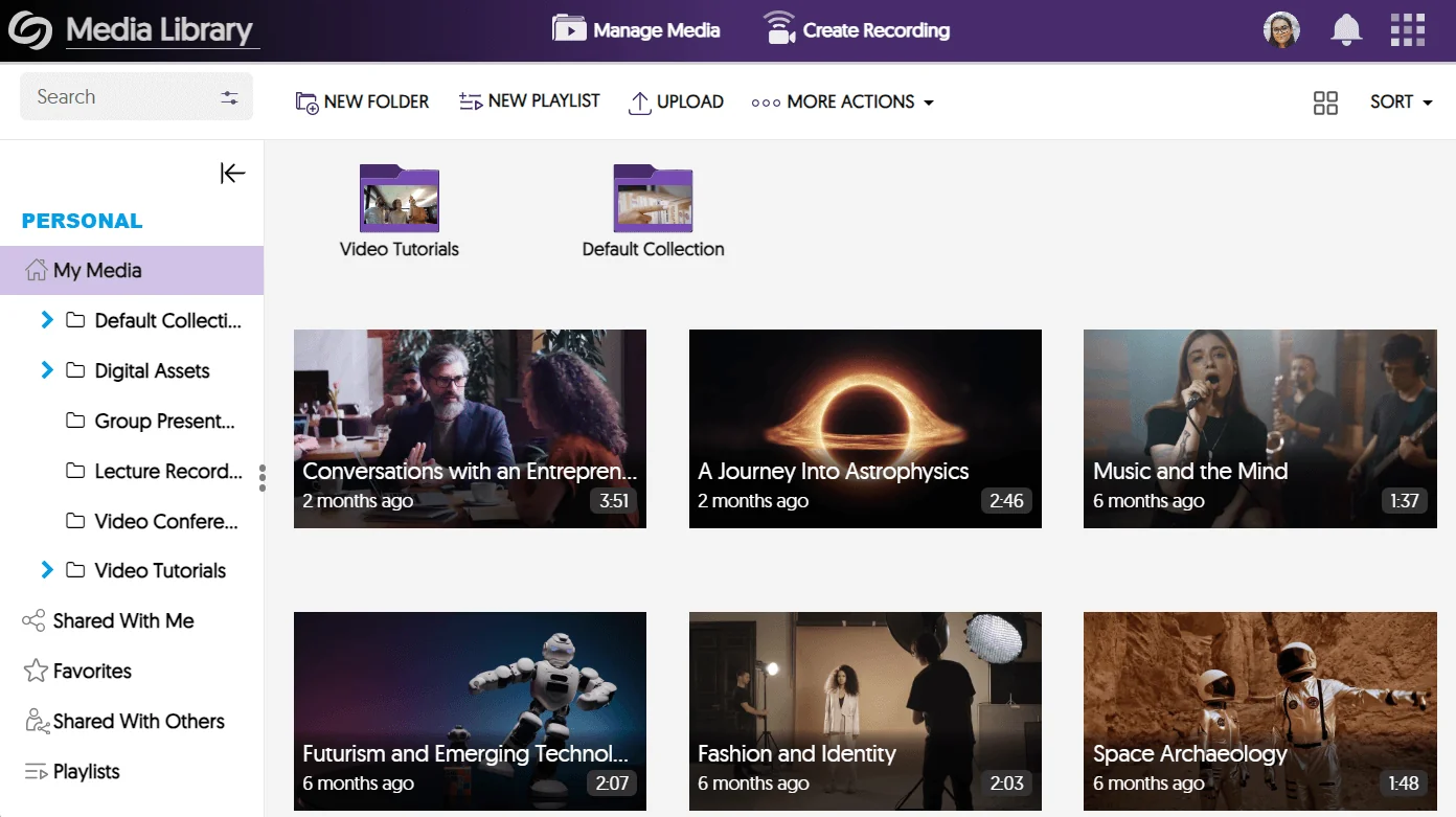 A screenshot of the YuJa Media Gallery with a number of videos and folders showing.