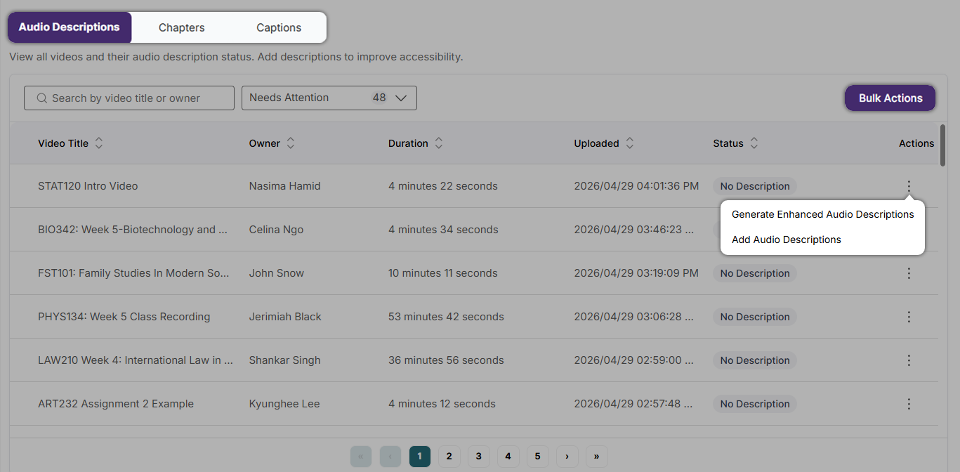Actions for remediation: View videos based on their captions, audio description, or chapters status. Use the Actions menu to see possible remediation actions for a specific video, or use Bulk Actions to perform remediation activities across multiple videos. Remediation actions can be performed manually, requested, or generated using GenAI PowerPack credits.