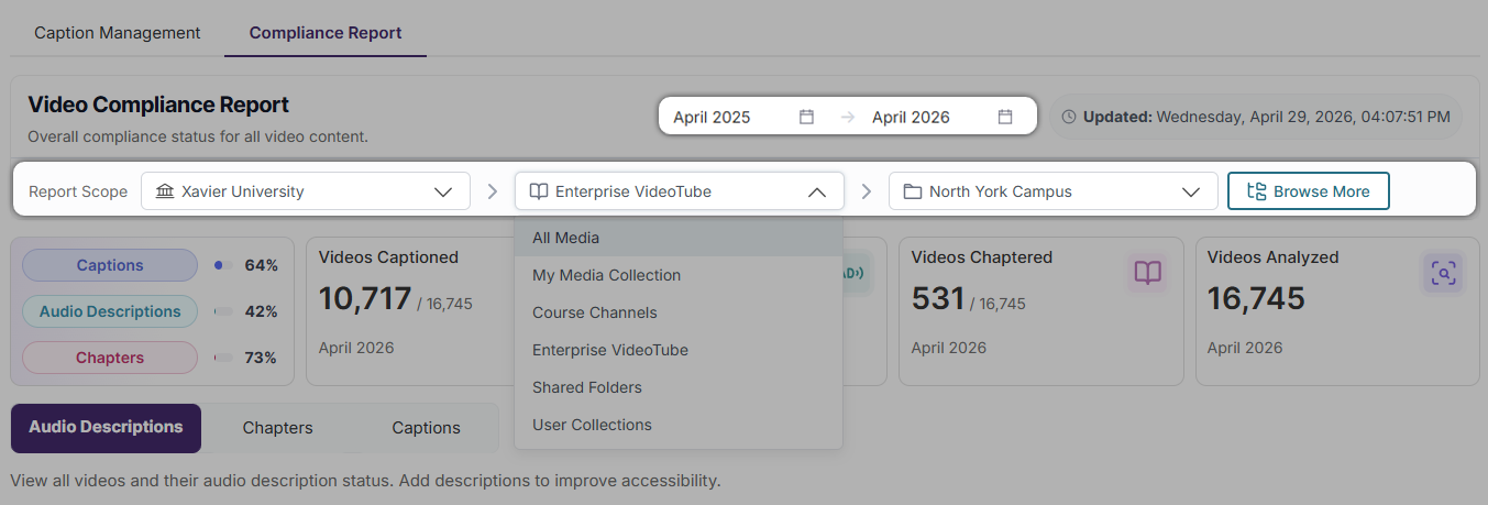 Tracking accessibility concerns by department: Filter your report by date, institution, collection, channel, Enterprise VideoTube, folder, and subfolder to ensure only the most relevant information is included in your report.