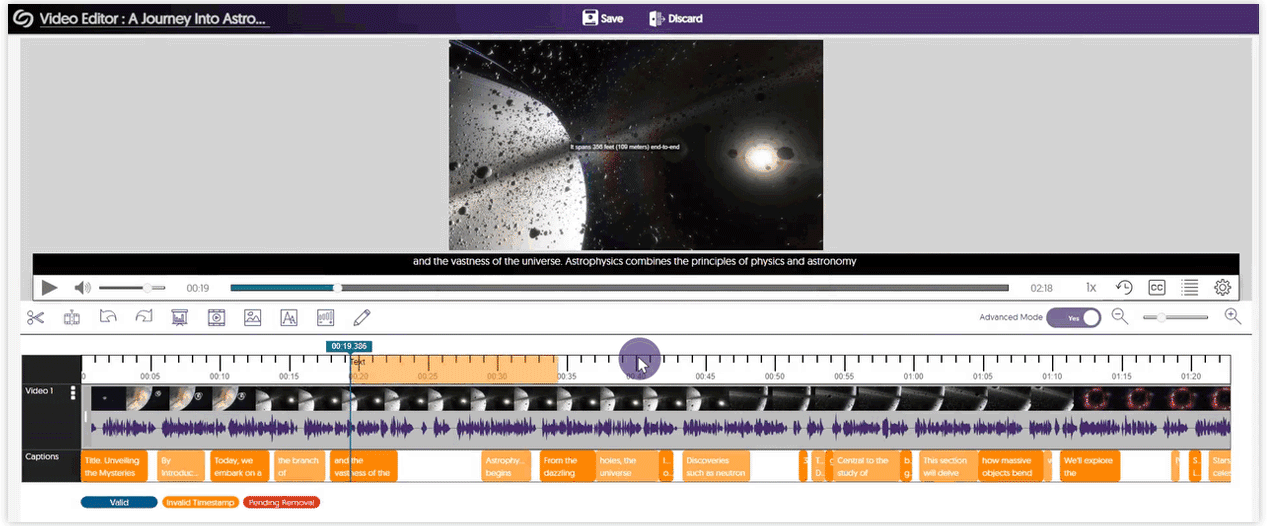Overlay text is dragged across a track on the Video Editor.