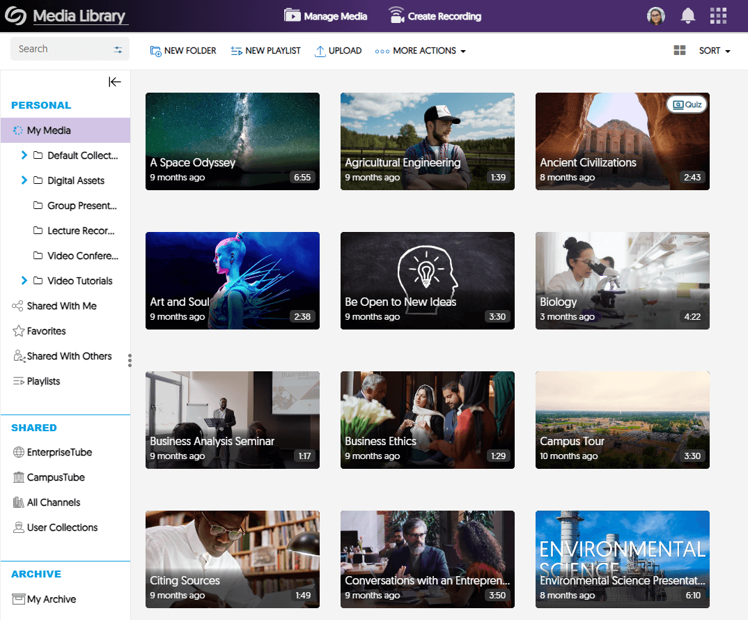Screenshot showing the YuJa Video Platform Media Library