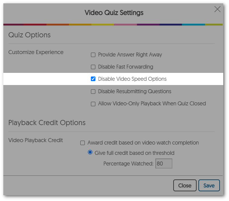 Video Quiz settings features the Disable Video Speed Options setting within Quiz Options.