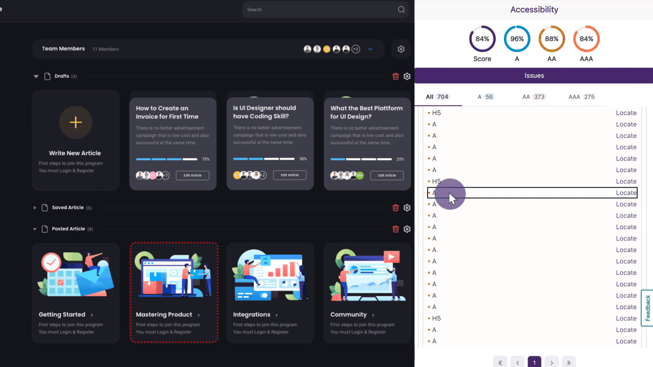 A report is shown for a website with highlighted issues.