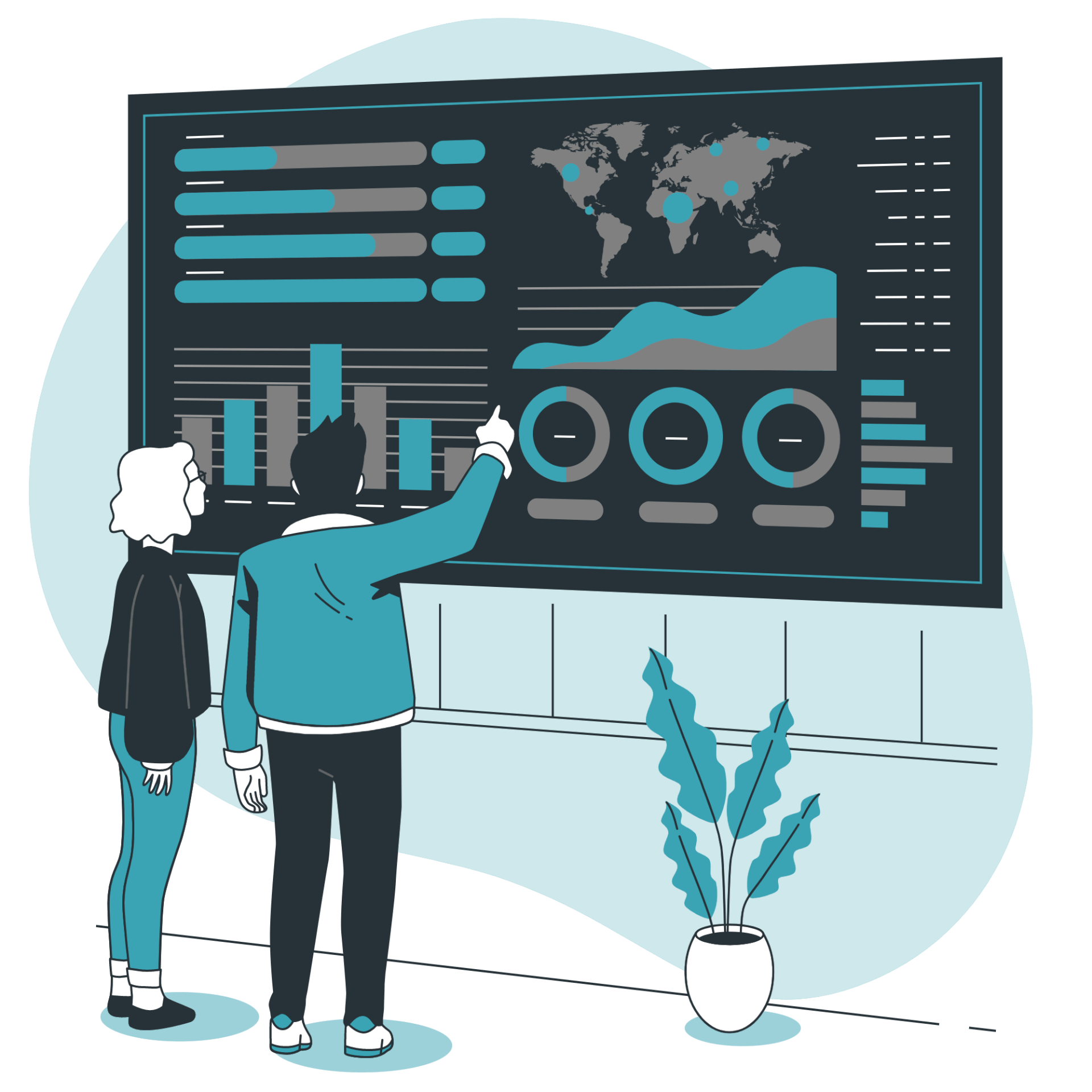 Two individuals analyzing board with graphs and charts.