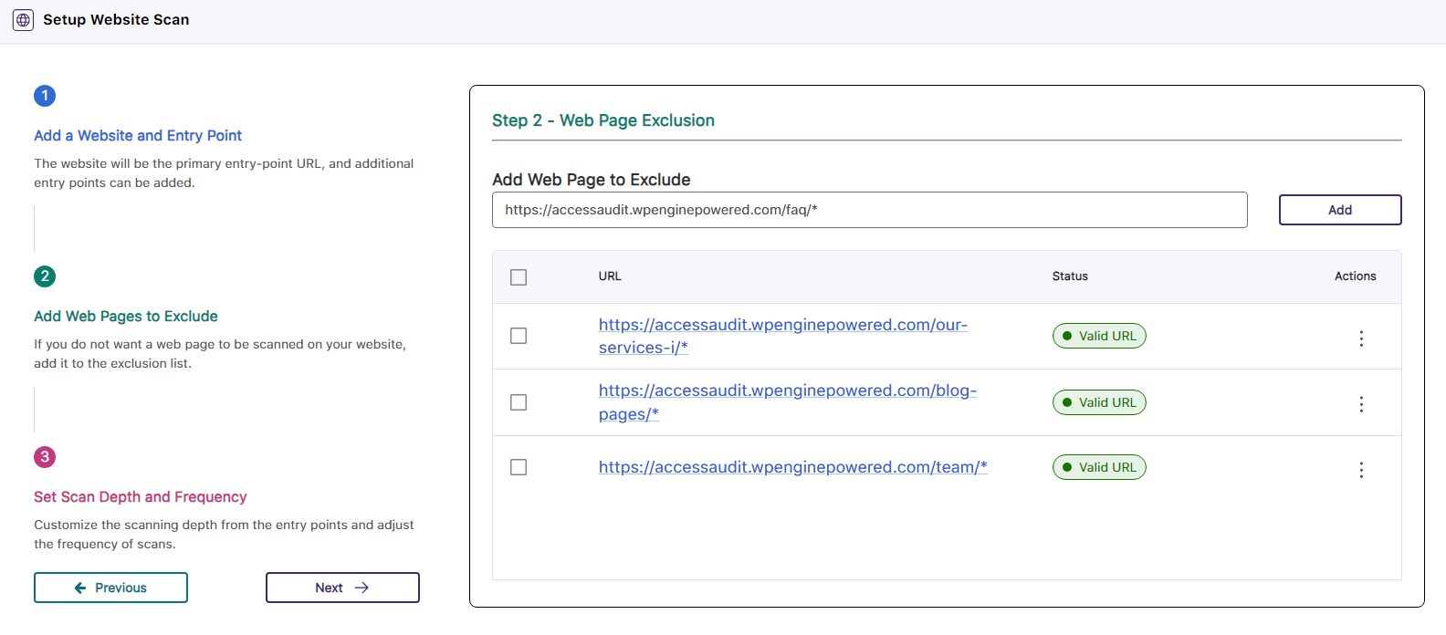 The modal to exclude web pages from being scanned.