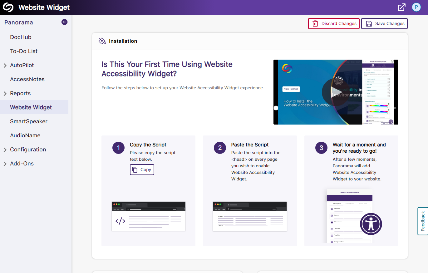 The Website Accessibility installation page shows three steps to follow along with a video for guidance.