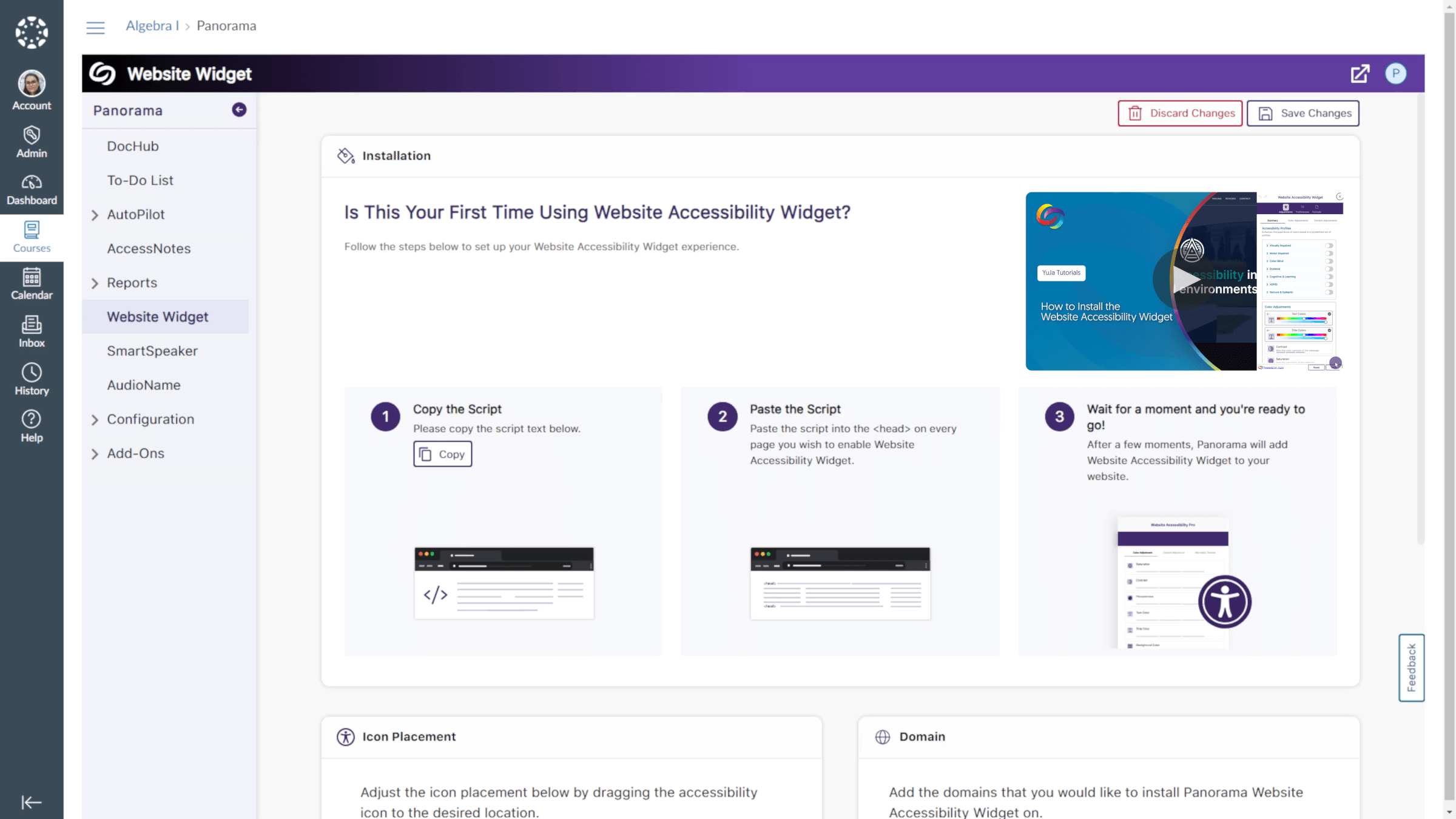 The redesigned installation page for the Website Accessibility Widget.