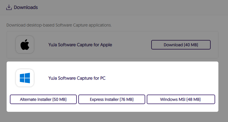 The YuJa Software Capture download options are shown.
