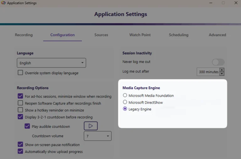 An image highlighting the Legacy Engine option in the Application Settings in Software Capture PC.