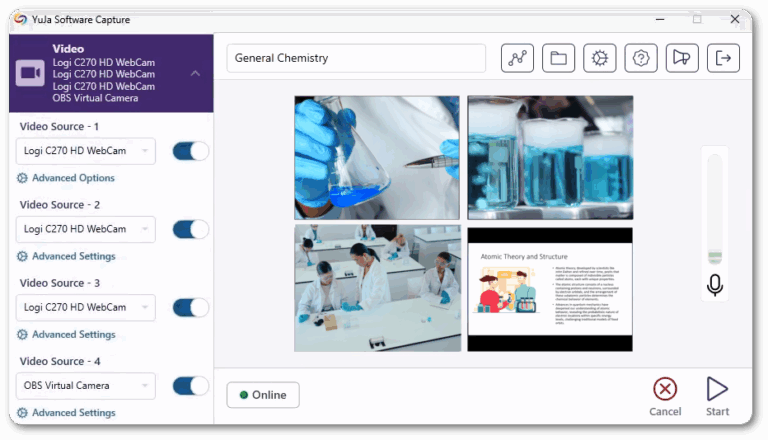 Four video feeds are shown within the Software Capture confidence monitor.