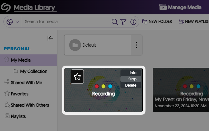 An image showing the stop recording button of a video in Video Platform.