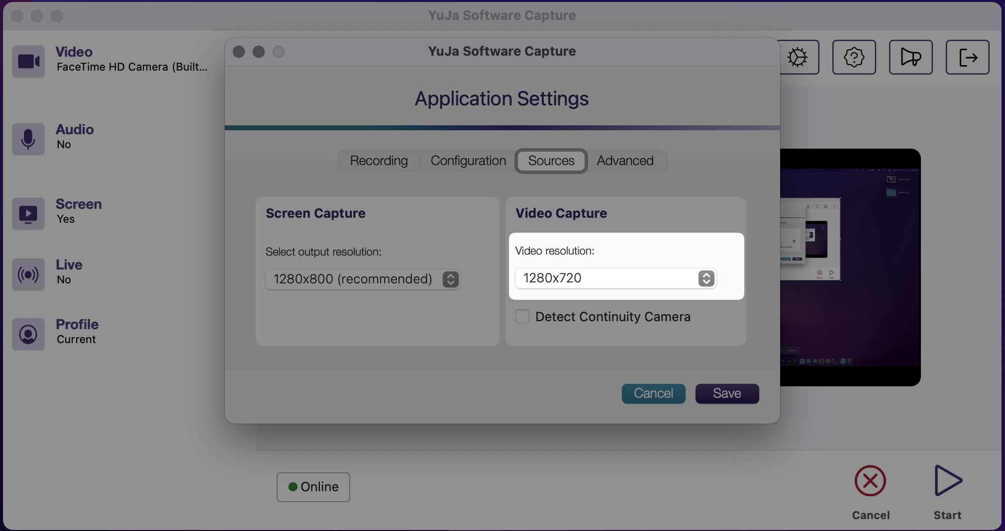 The Application Settings window in the YuJa Software Capture Apple highlighting the default video resolution.