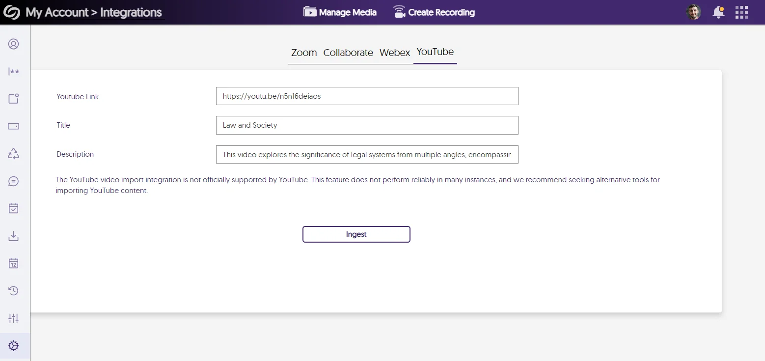 Settings in my account to import YouTube videos.
