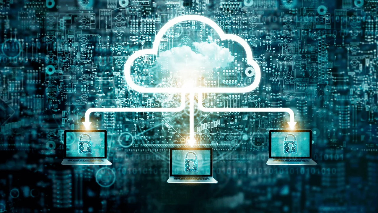 a graphic of three secure laptops connecting to the cloud