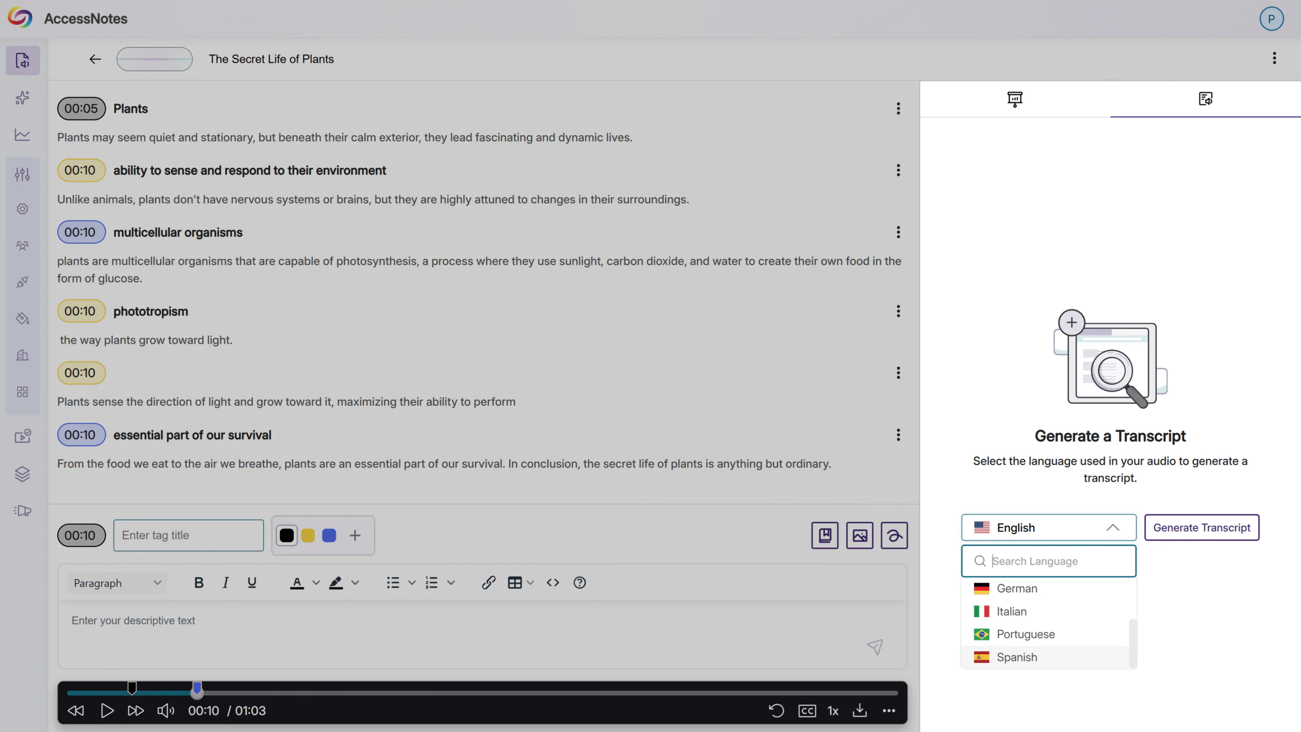 transcripts in multiple languages
