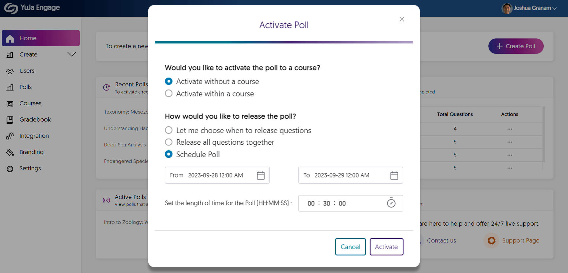 A screenshot showing the poll activation page in YuJa Engage.