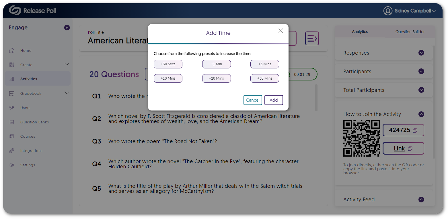 A modal showing presets of time to add to the poll. 