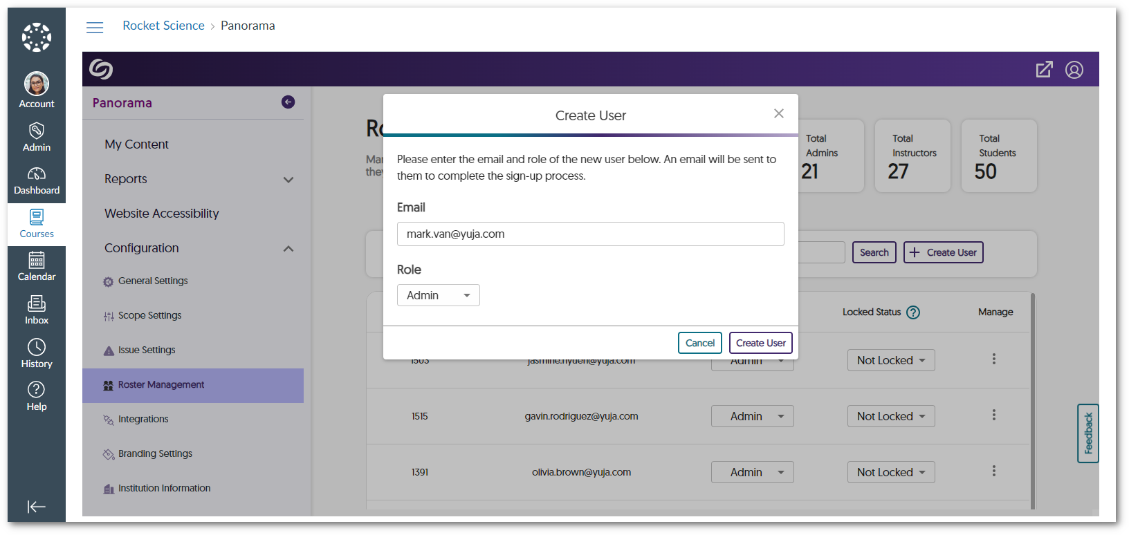 The Create user modal inside Roster Management.