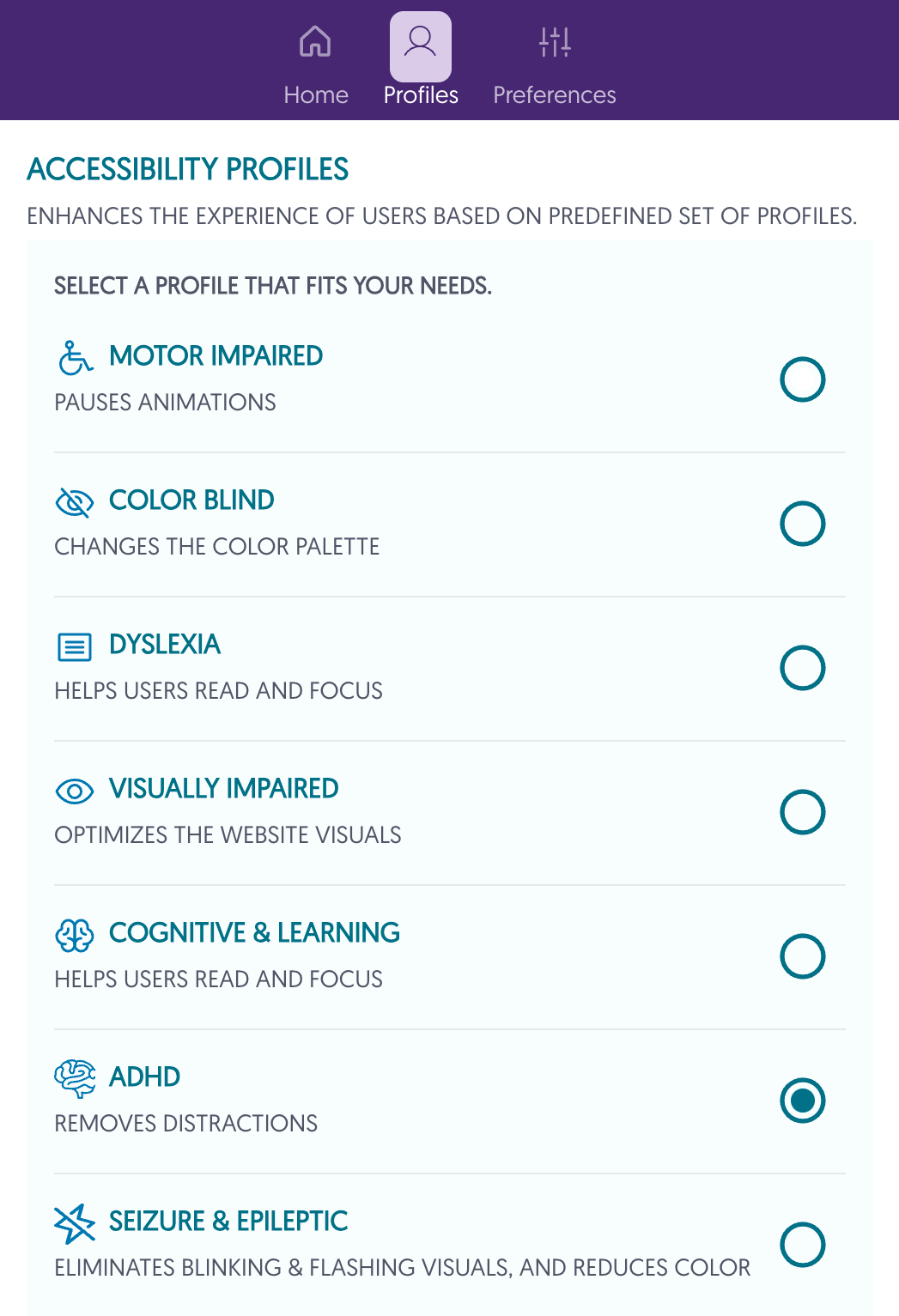 pop-up of adhd accessibility profile options.