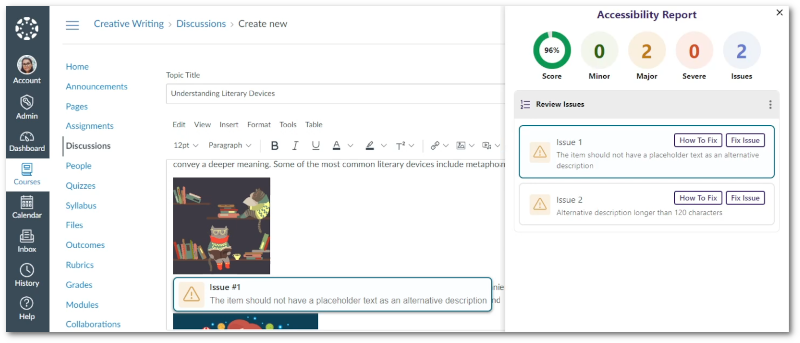 WYSIWYG editor with Panorama’s Accessibility Report detecting issues for images.