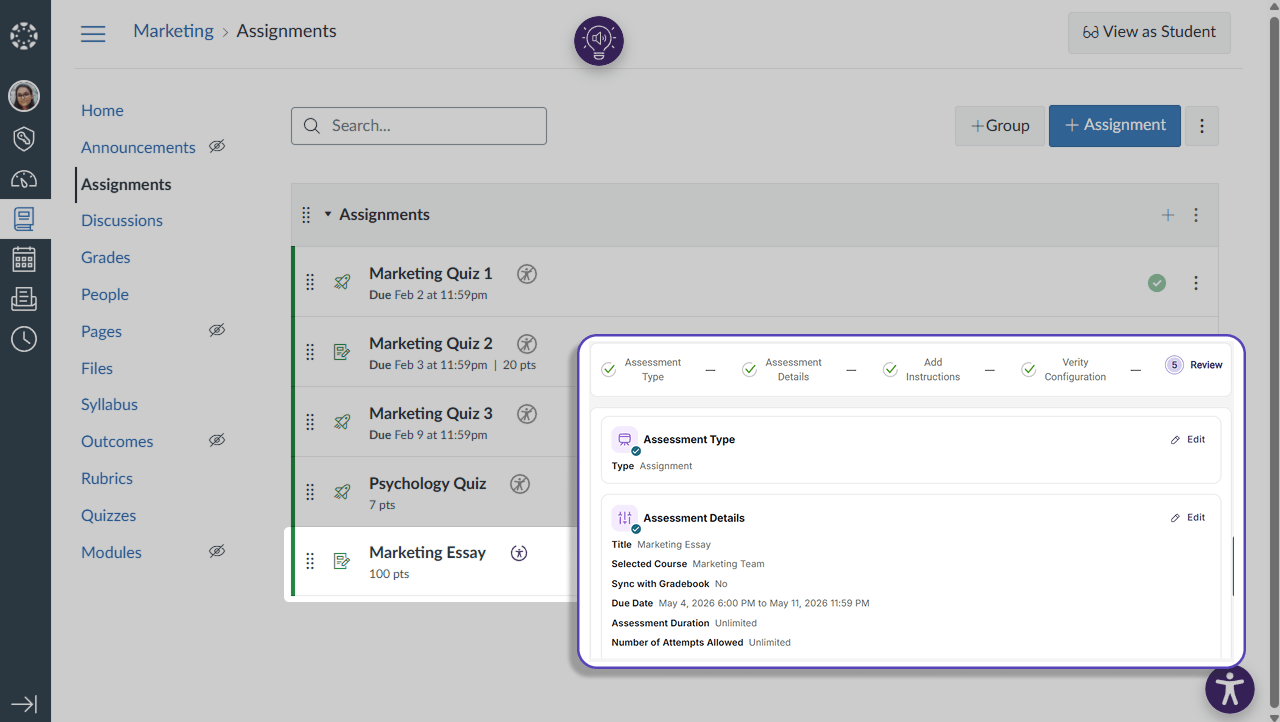 Automatic LMS Publishing: Assessments configured in Verity will be automatically published to Canvas, eliminating the need to configure an assessment in two different interfaces.