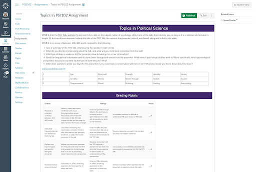 Assignment shown with headings, a numbered list, and tables.          