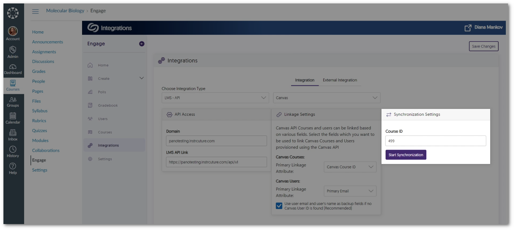 The Engage integrations page showing Canvas API mapping.