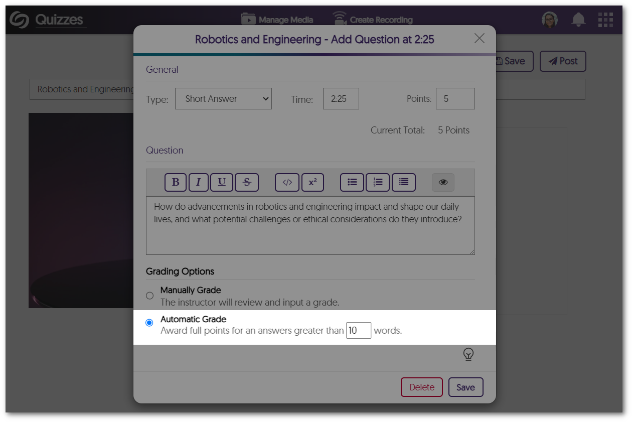 Automatic Grade option within the Short Answer question type.