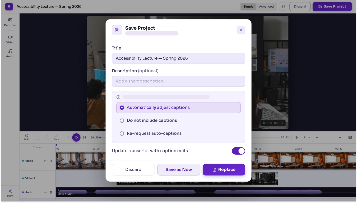 Automatic transcript updates: When the video is exported, users have the option to automatically update the video transcript with their new chapters.