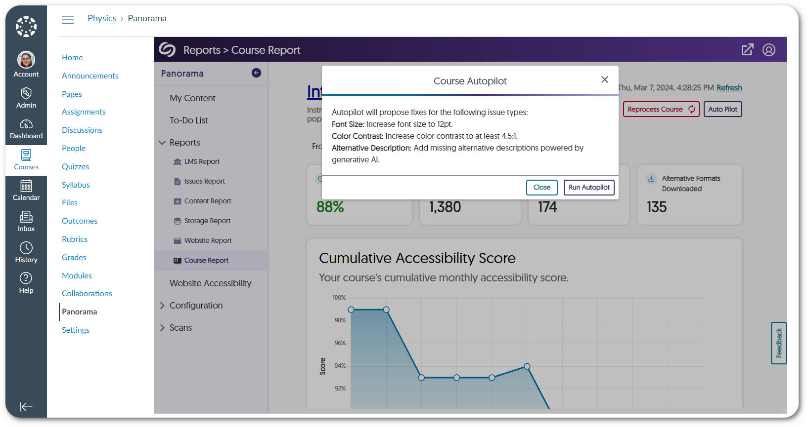 AutoPilot is shown within the course report to remediate all documents within the course. 