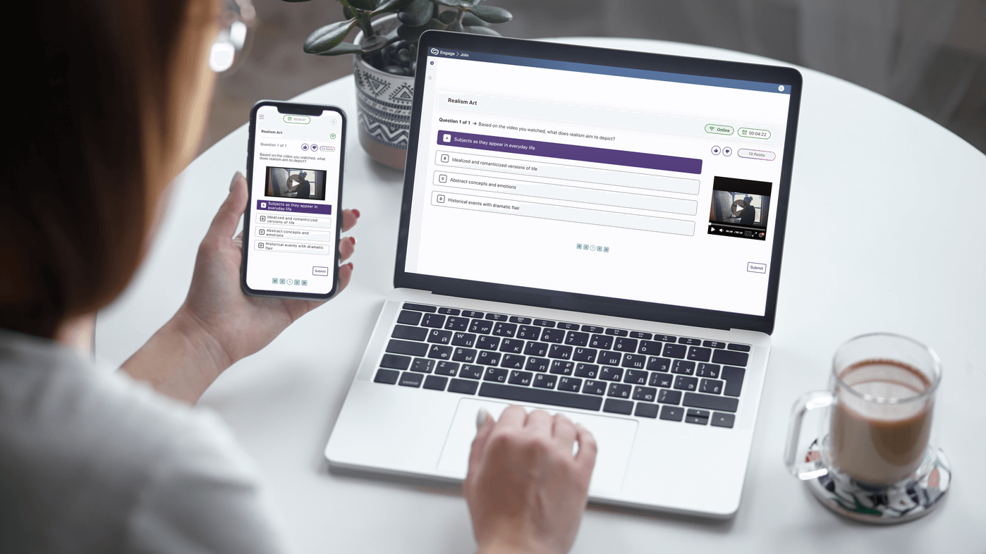 YuJa Engage screenshot show on a mobile phone and laptop.