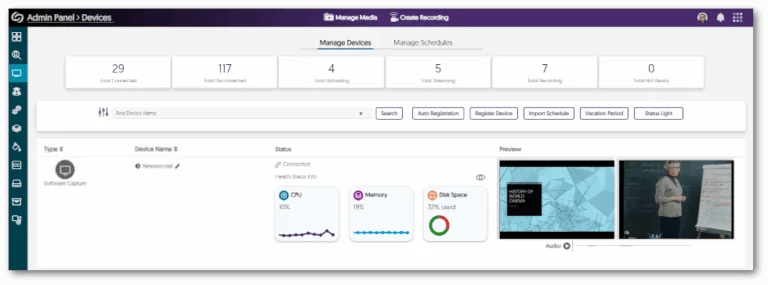 Video and audio preview are shown in the Video Platform's devices page.