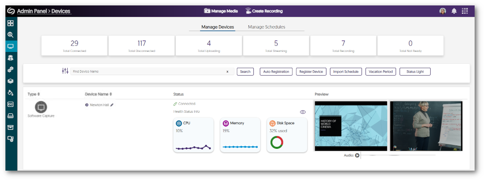 Video and audio preview are shown in the Video Platform's devices page.