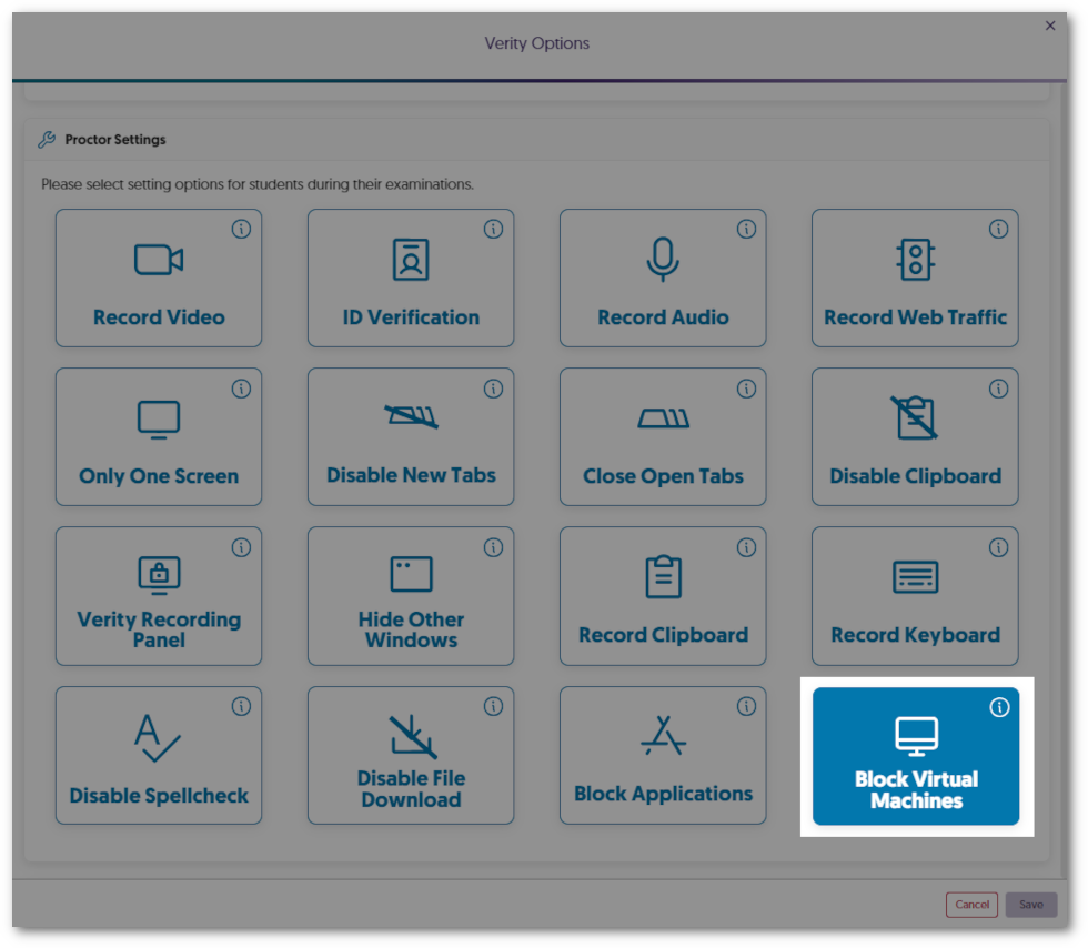 Verity Proctor Settings showing the option to enable Block Virtual Machines.