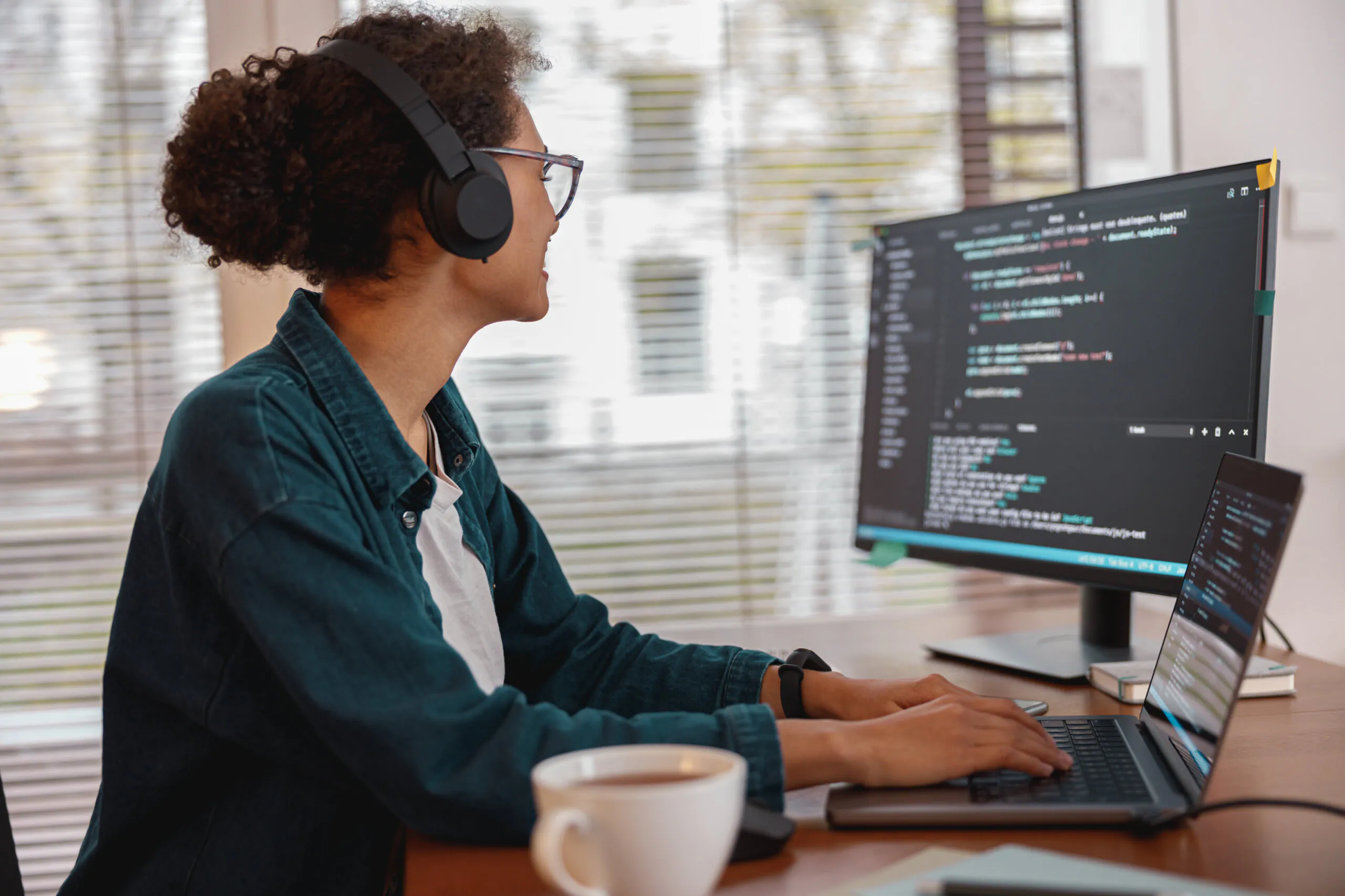 alt text: Woman wearing headphones and coding an application on her laptop and monitor