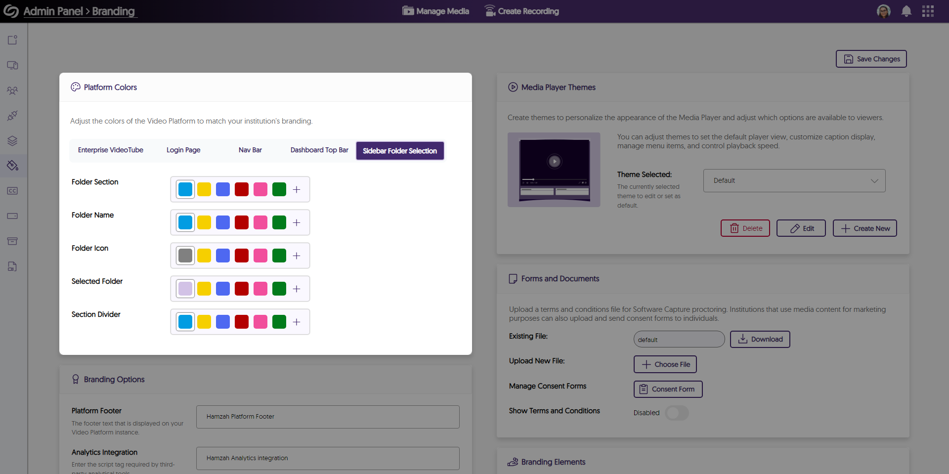 Branding options to adjust sidebar colors.