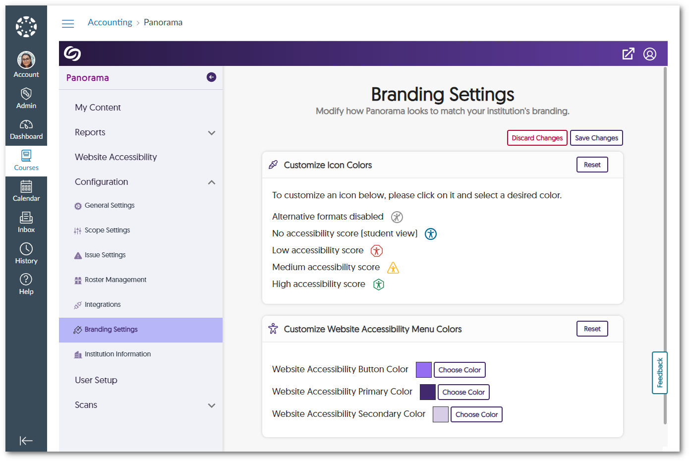 Options to customize icon colors and the website accessibility menu colors.