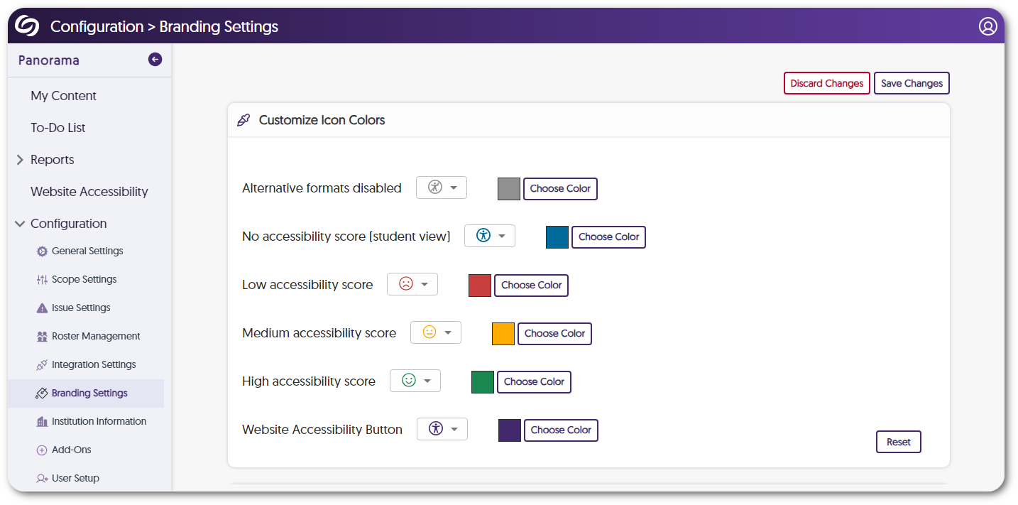 The branding tab for panorama shows various icons for accessibility scores. 